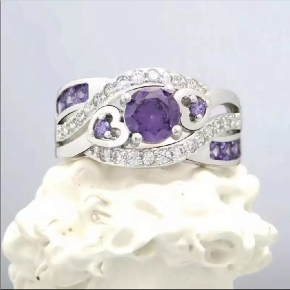 925 Sterling Silver Rainbow Topaz Solitaire with Purple Amethyst Inlay Ring - Picture 4 of 5